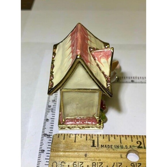 Bird House, Trinket Box, Collectible, White /Pink Enamel Gold tone Accents - Picture 5 of 7